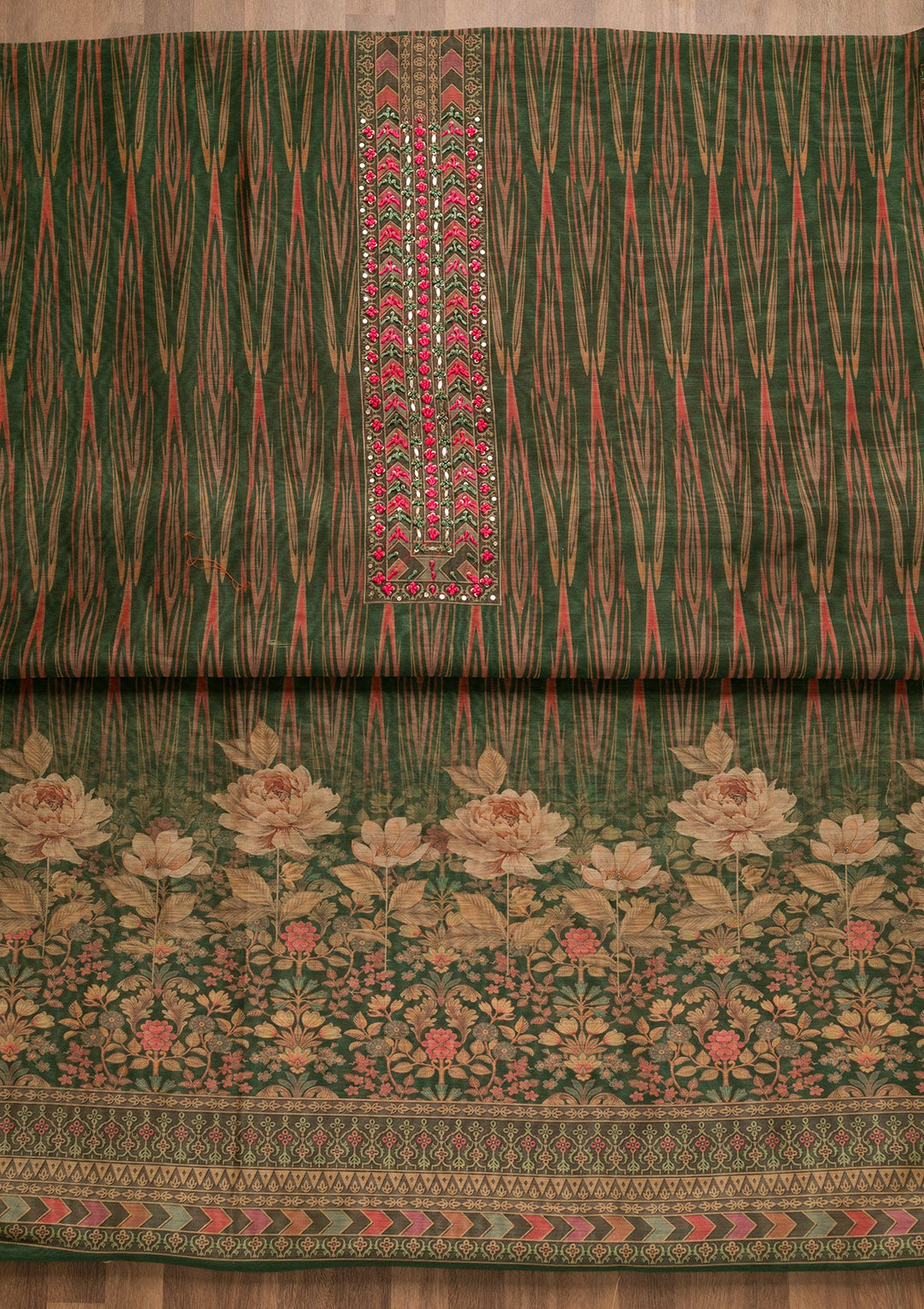 Leaf Green Threadwork Chanderi Unstitched Salwar Suit-Koskii