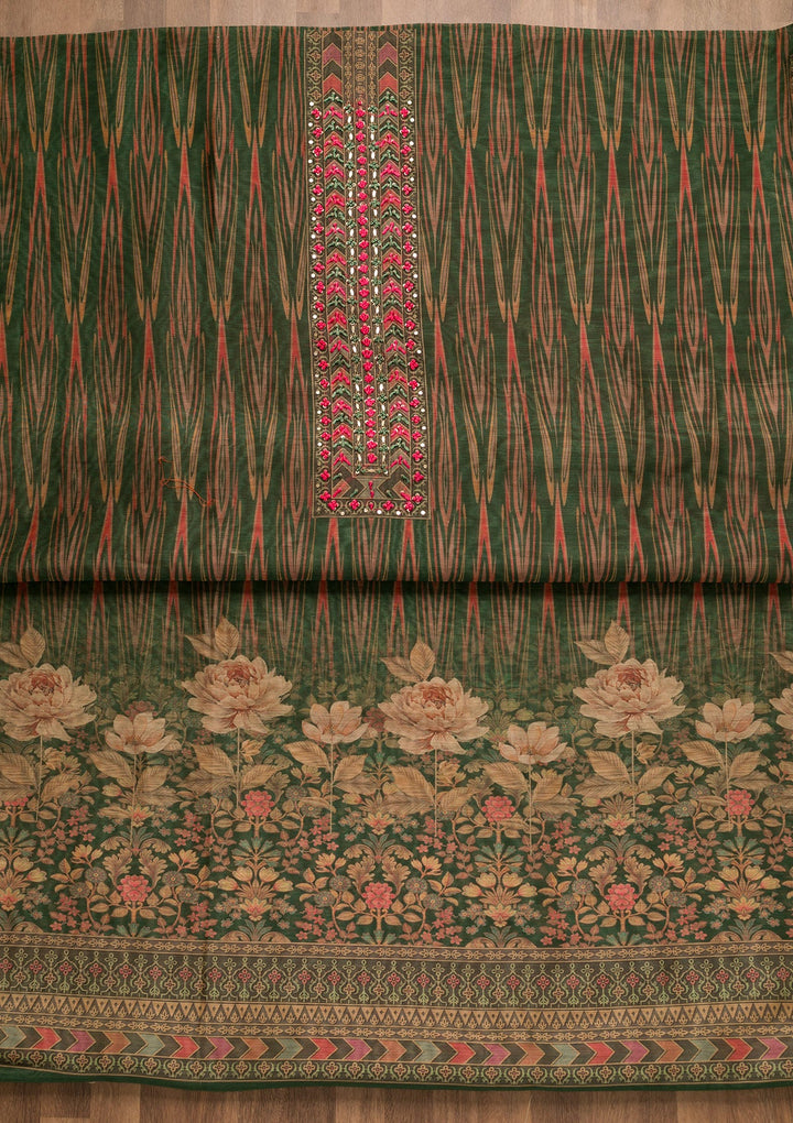 Leaf Green Threadwork Chanderi Unstitched Salwar Suit-Koskii