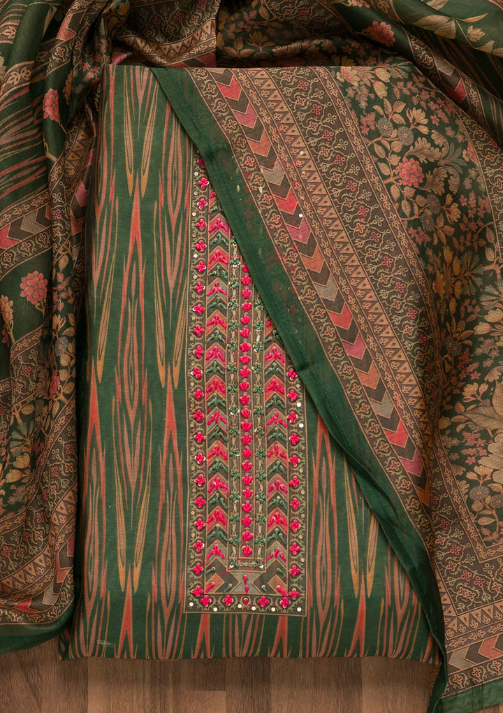 Leaf Green Threadwork Chanderi Unstitched Salwar Suit-Koskii