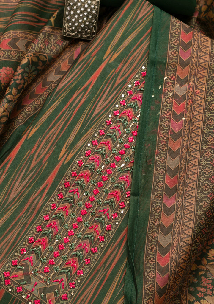 Leaf Green Threadwork Chanderi Unstitched Salwar Suit-Koskii