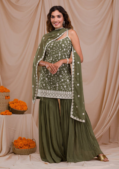 Leaf Green Threadwork Georgette Readymade Salwar Suit-Koskii
