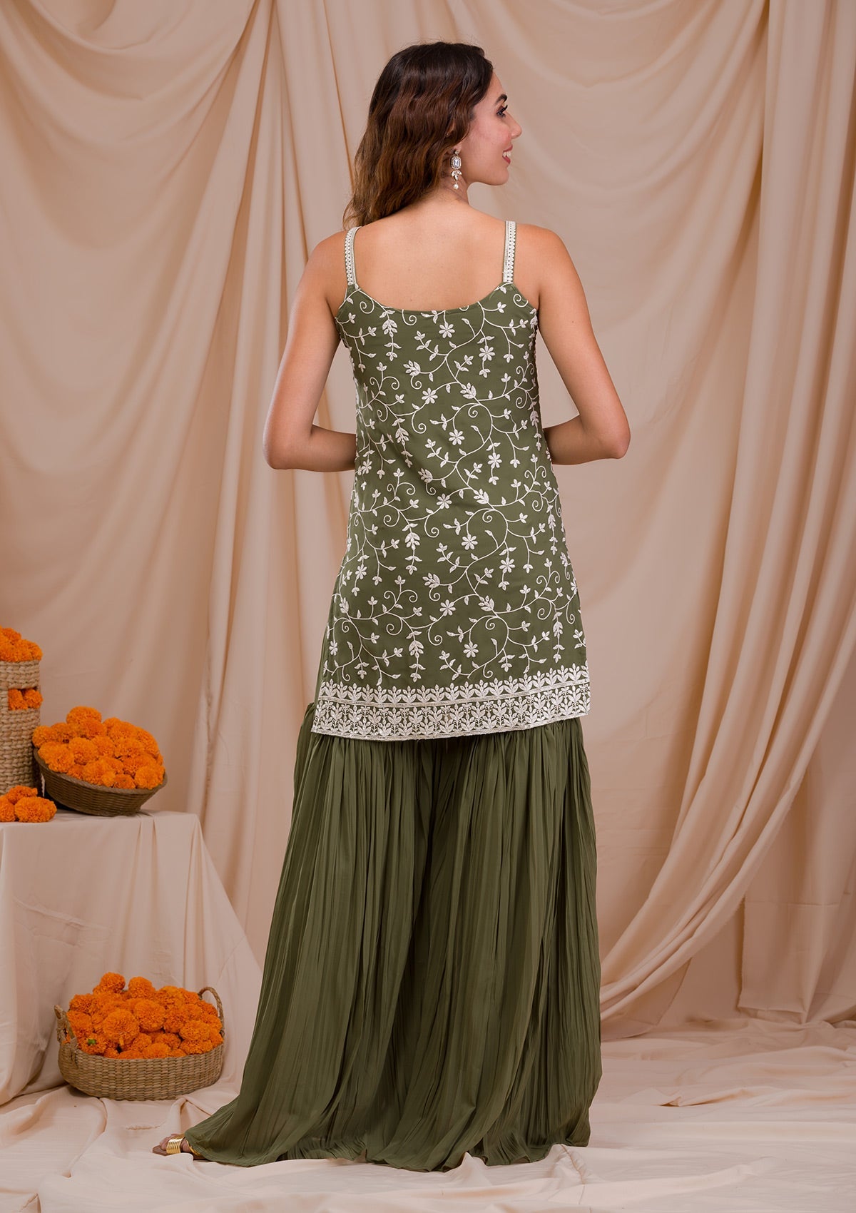 Leaf Green Threadwork Georgette Readymade Salwar Suit-Koskii