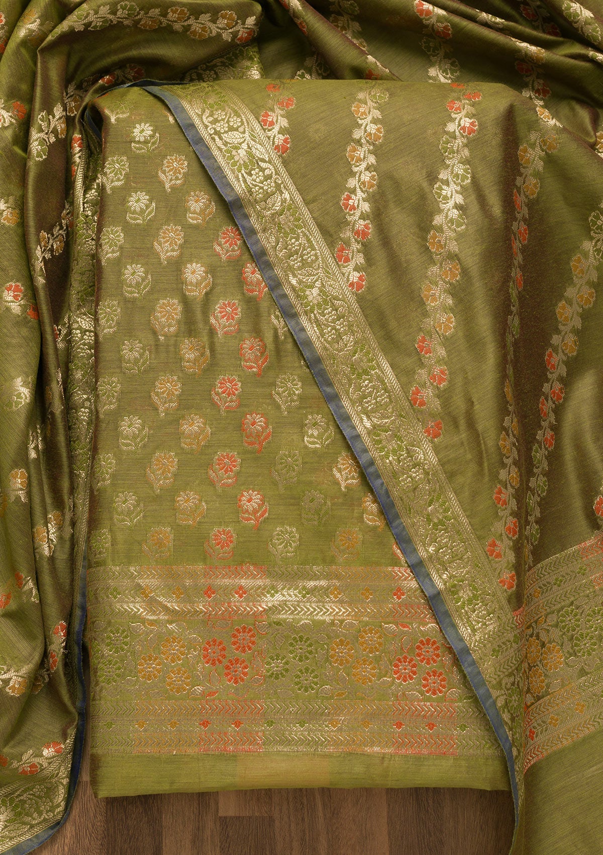 Leaf Green Zariwork Banarasi Unstitched Salwar Suit