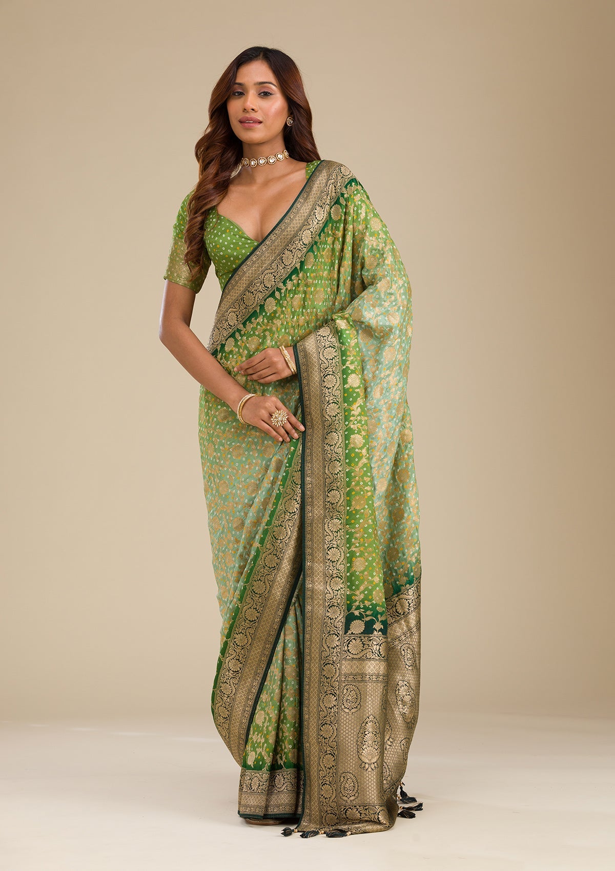 Leaf Green Zariwork Georgette Saree-Koskii