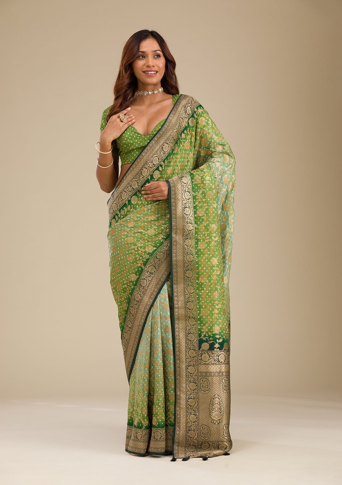 Leaf Green Zariwork Georgette Saree-Koskii