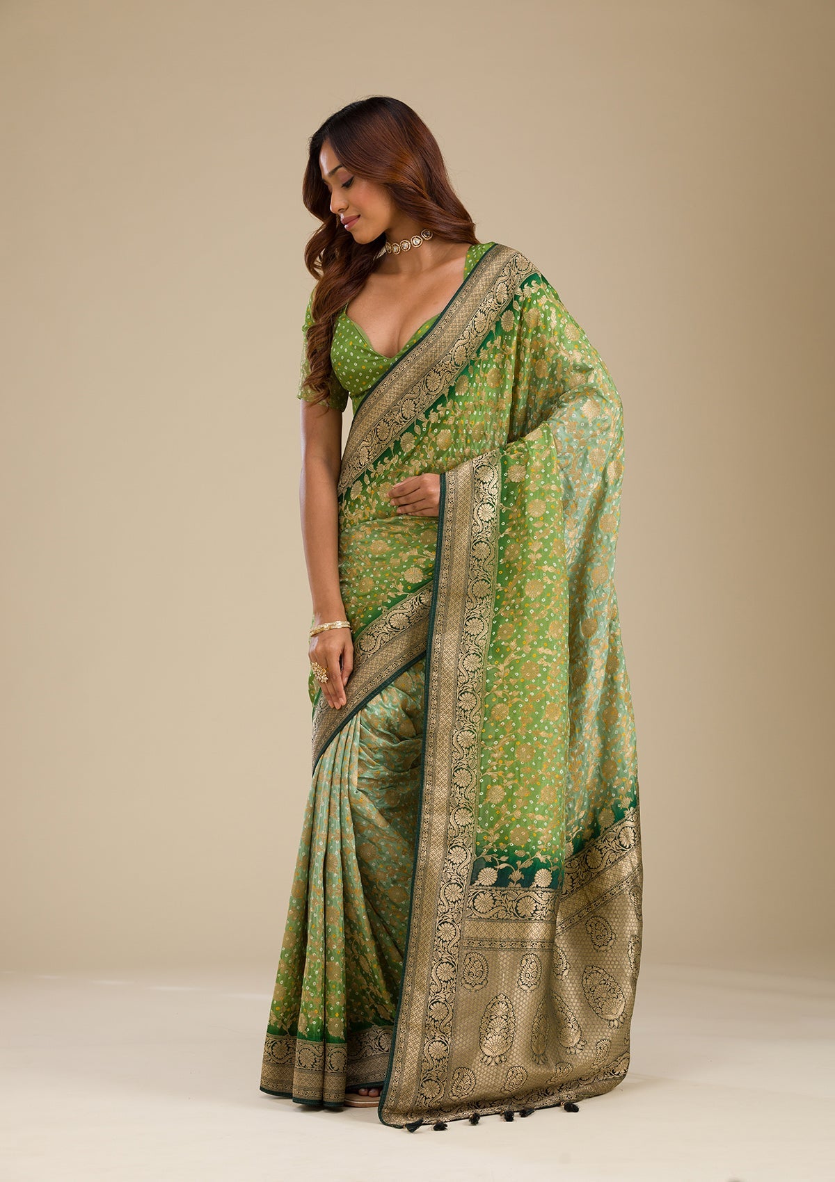 Leaf Green Zariwork Georgette Saree-Koskii