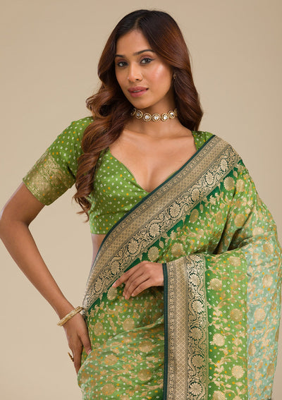 Leaf Green Zariwork Georgette Saree-Koskii