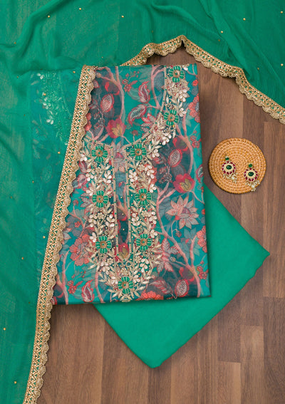 Leaf Green Zariwork Organza Unstitched Salwar Suit-Koskii