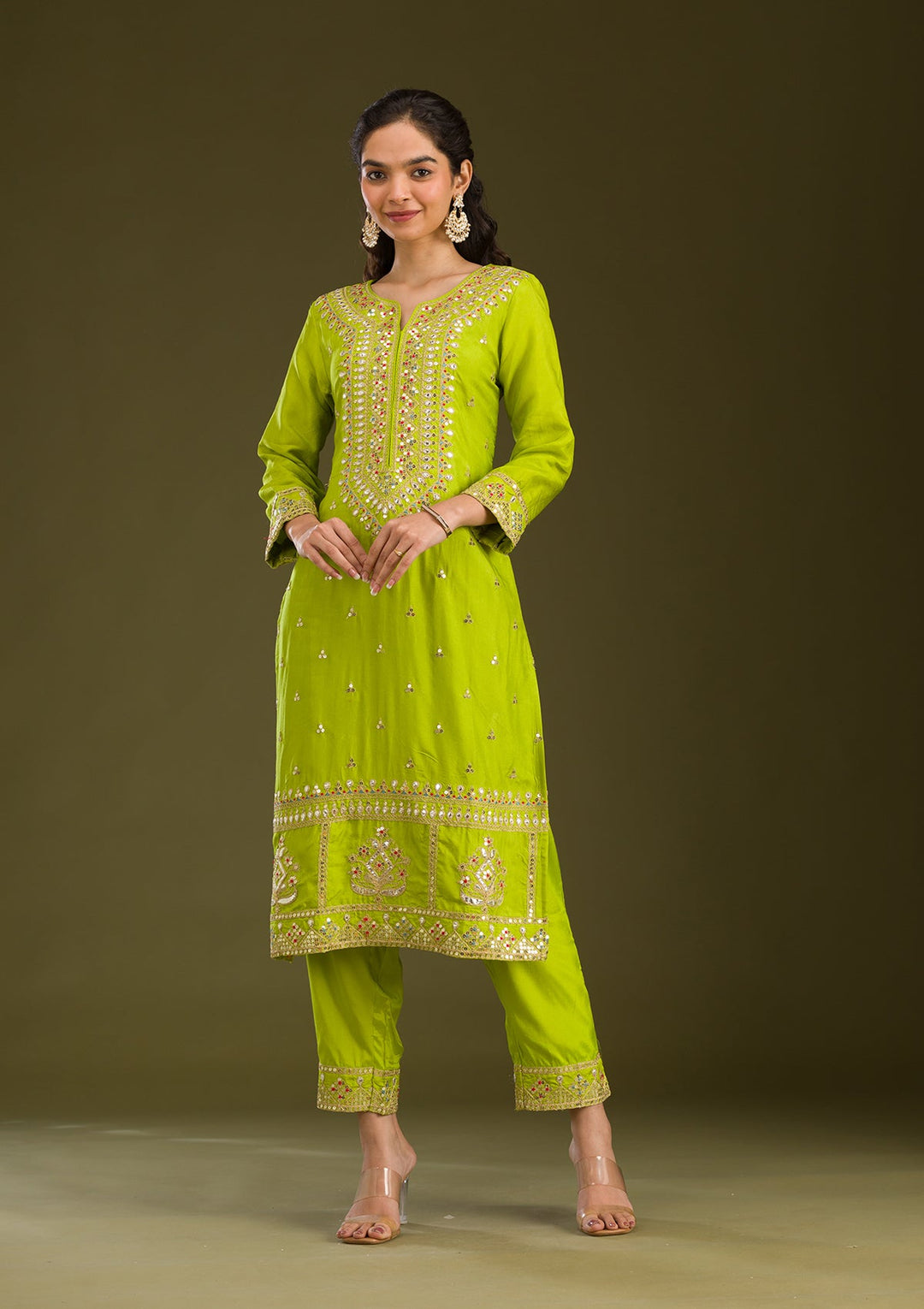 Leaf Green Zariwork Semi Crepe Readymade Salwar Suit-Koskii