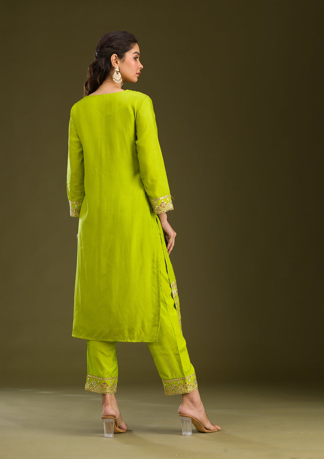 Leaf Green Zariwork Semi Crepe Readymade Salwar Suit-Koskii