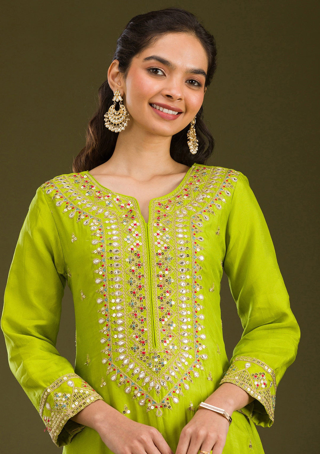 Leaf Green Zariwork Semi Crepe Readymade Salwar Suit-Koskii