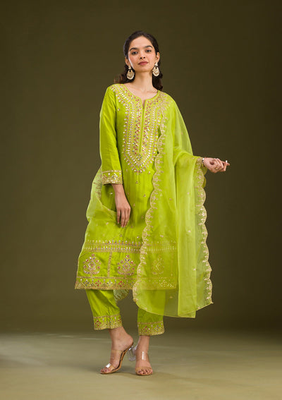 Leaf Green Zariwork Semi Crepe Readymade Salwar Suit-Koskii