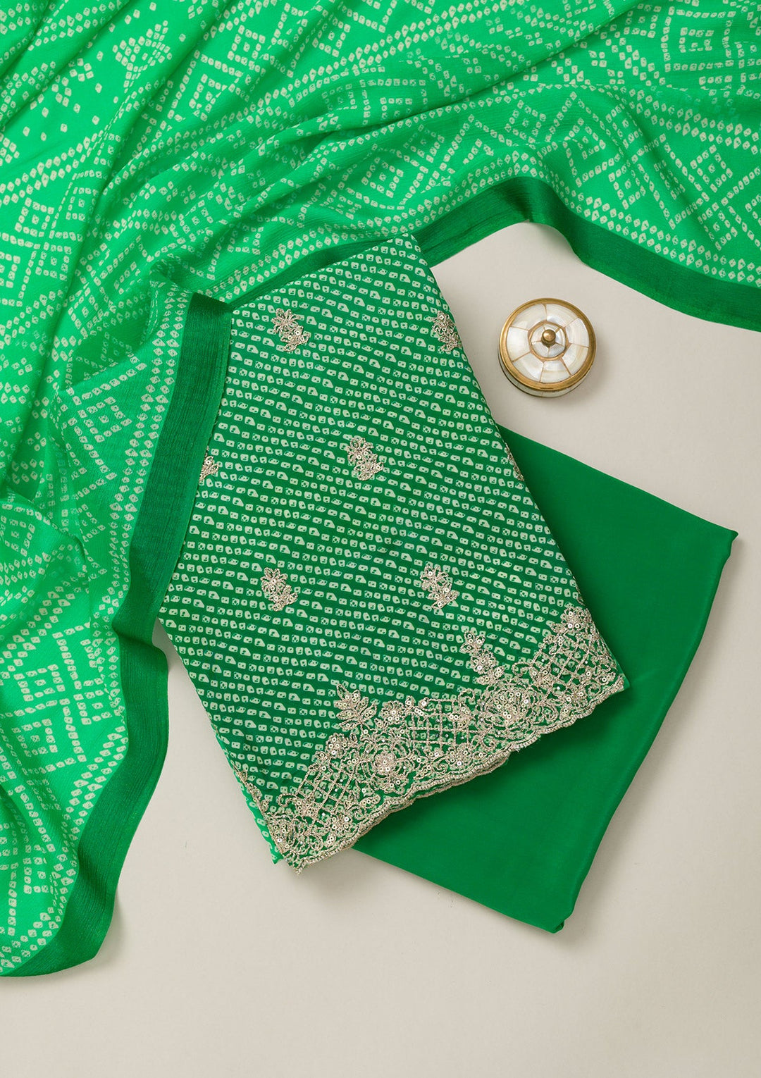Leaf Green Zariwork Semi Crepe Unstitched Salwar Suit-Koskii