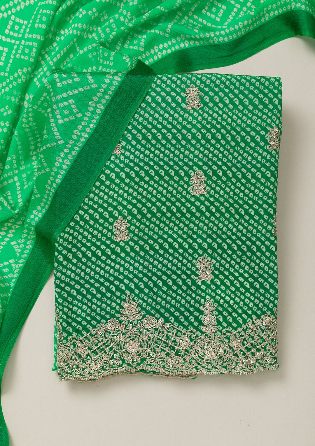 Leaf Green Zariwork Semi Crepe Unstitched Salwar Suit-Koskii