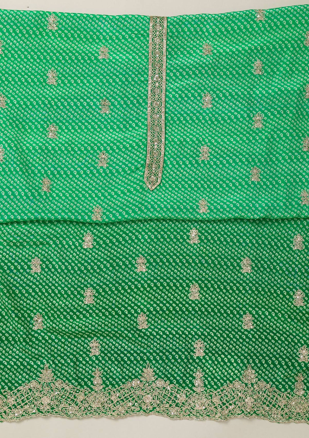 Leaf Green Zariwork Semi Crepe Unstitched Salwar Suit-Koskii