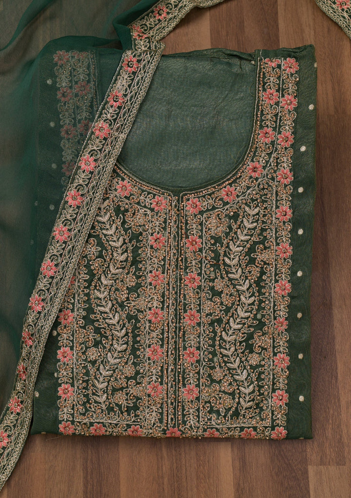 Leaf Green Zariwork Semi Crepe Unstitched Salwar Suit-Koskii