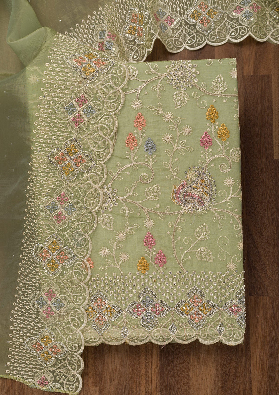 Leaf Green Zariwork Semi Crepe Unstitched Salwar Suit-Koskii