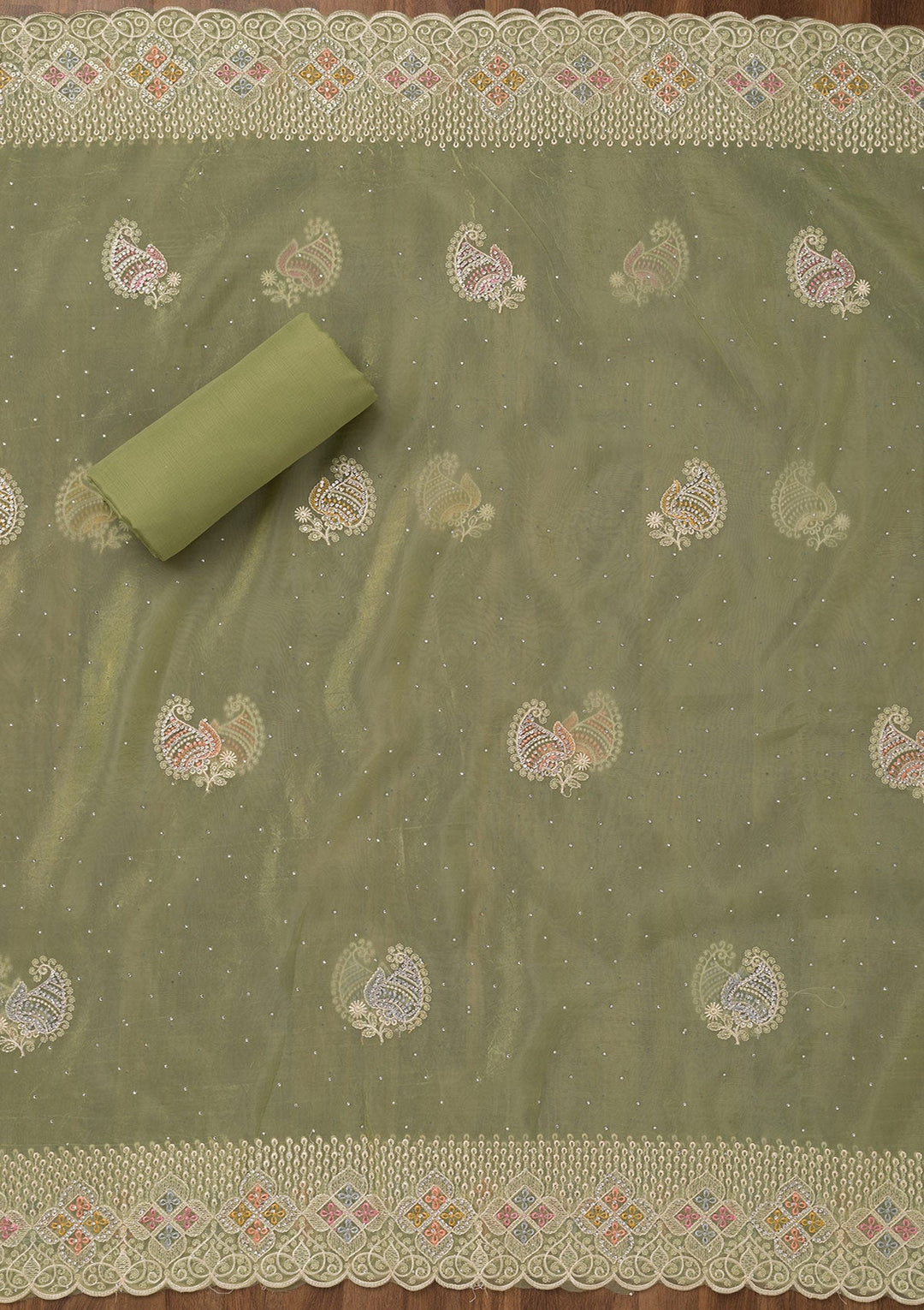 Leaf Green Zariwork Semi Crepe Unstitched Salwar Suit-Koskii