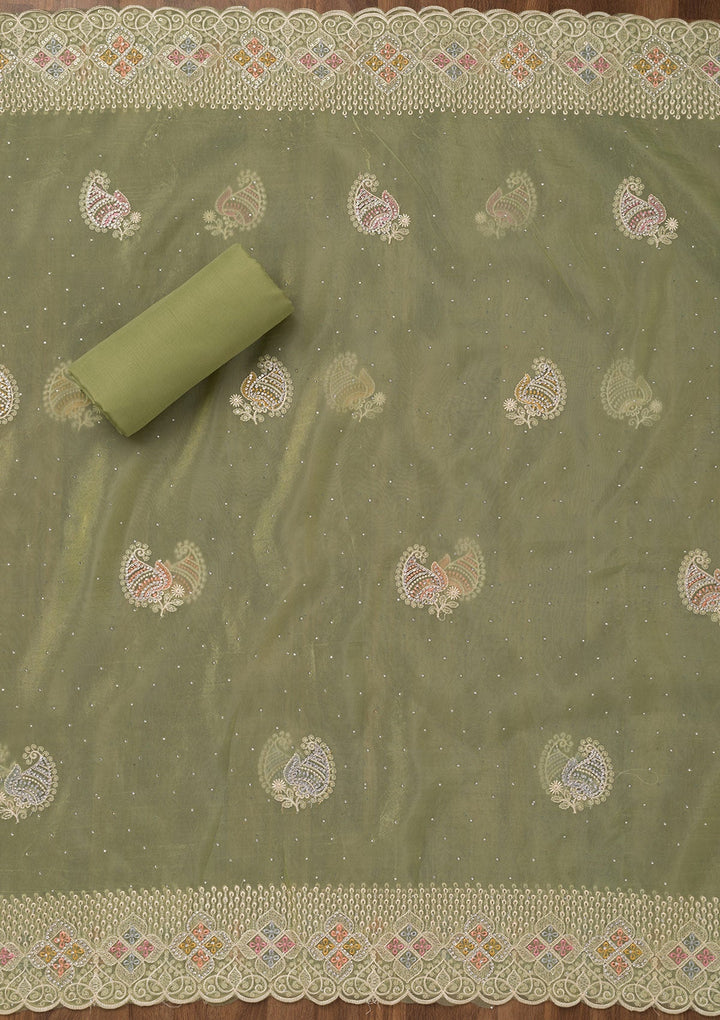 Leaf Green Zariwork Semi Crepe Unstitched Salwar Suit-Koskii
