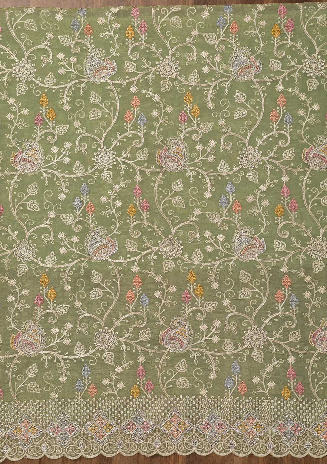 Leaf Green Zariwork Semi Crepe Unstitched Salwar Suit-Koskii