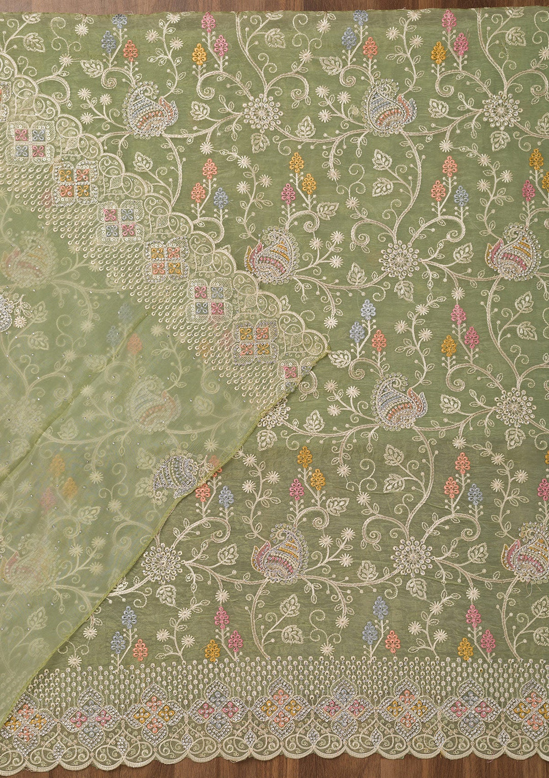 Leaf Green Zariwork Semi Crepe Unstitched Salwar Suit-Koskii