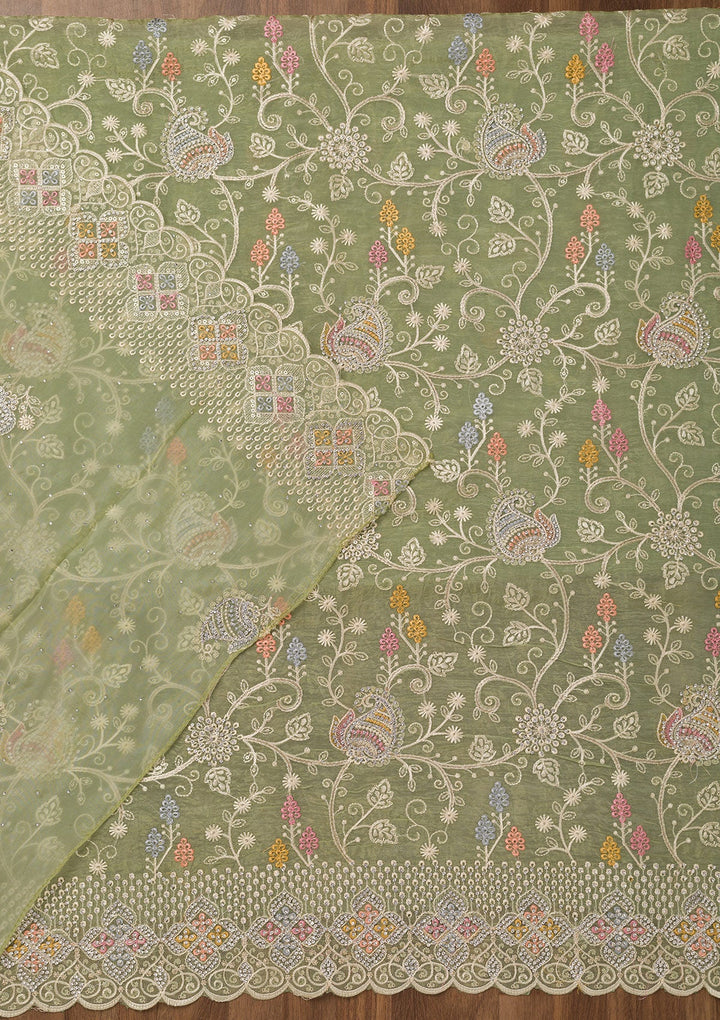 Leaf Green Zariwork Semi Crepe Unstitched Salwar Suit-Koskii