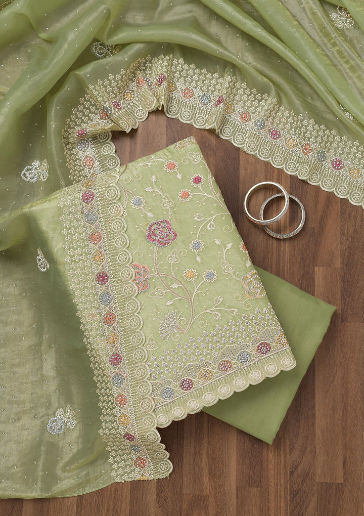Leaf Green Zariwork Semi Crepe Unstitched Salwar Suit-Koskii