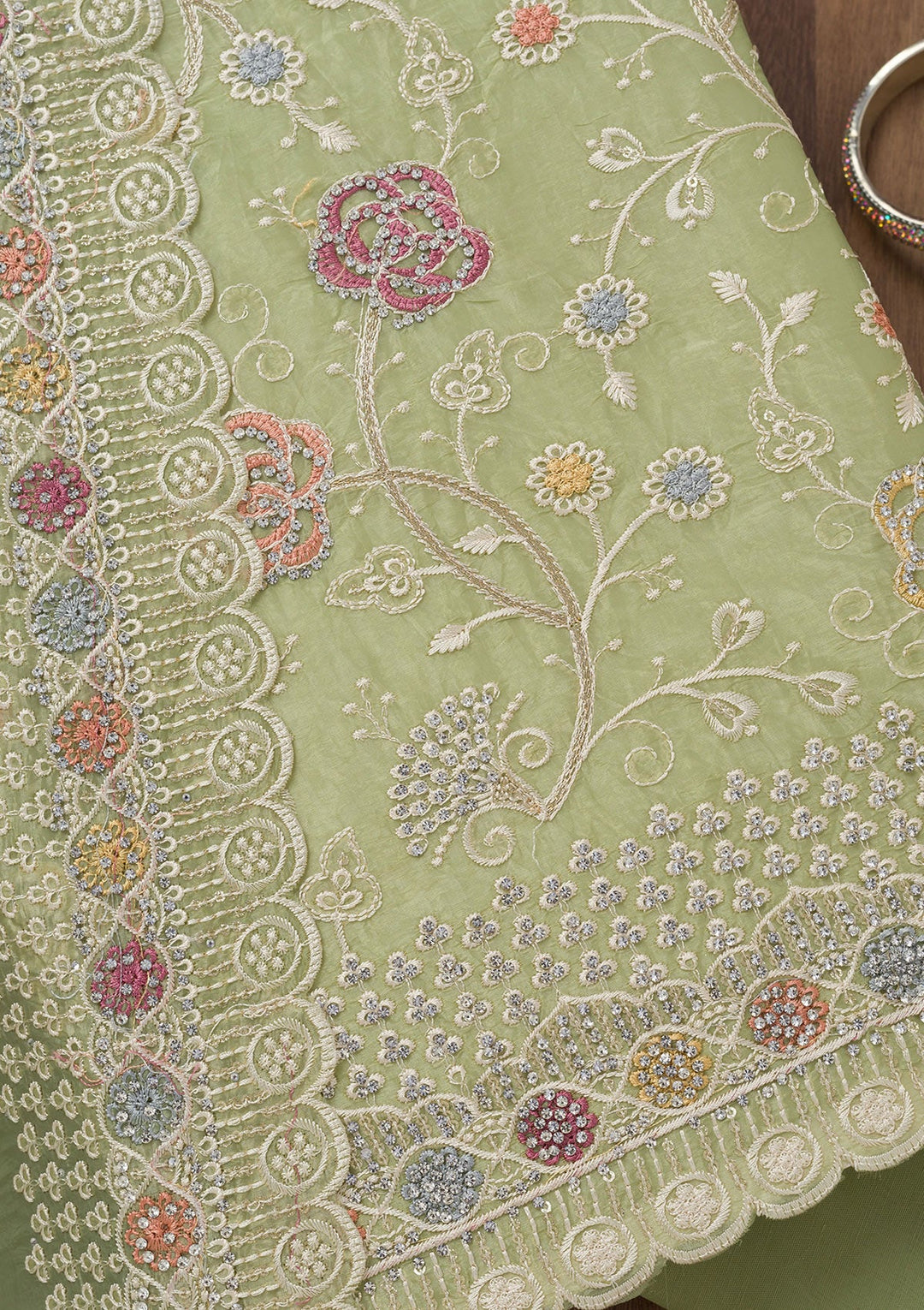 Leaf Green Zariwork Semi Crepe Unstitched Salwar Suit-Koskii