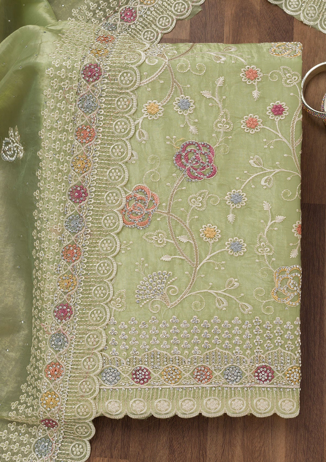 Leaf Green Zariwork Semi Crepe Unstitched Salwar Suit-Koskii