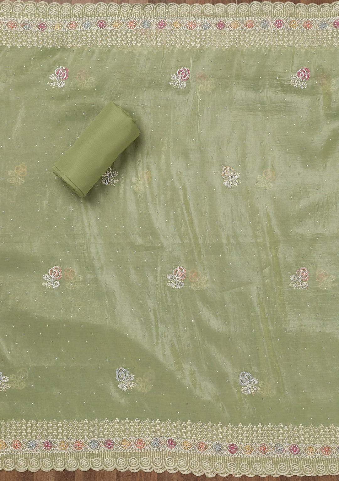 Leaf Green Zariwork Semi Crepe Unstitched Salwar Suit-Koskii