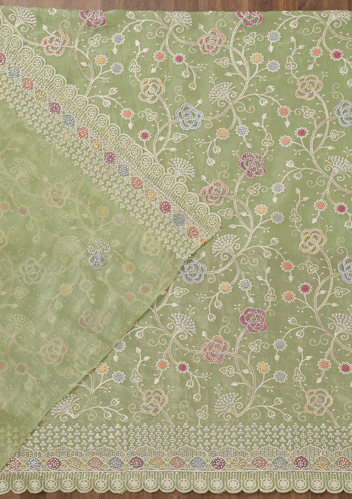 Leaf Green Zariwork Semi Crepe Unstitched Salwar Suit-Koskii
