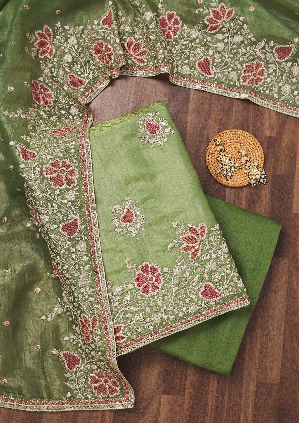 Leaf Green Zariwork Semi Crepe Unstitched Salwar Suit-Koskii