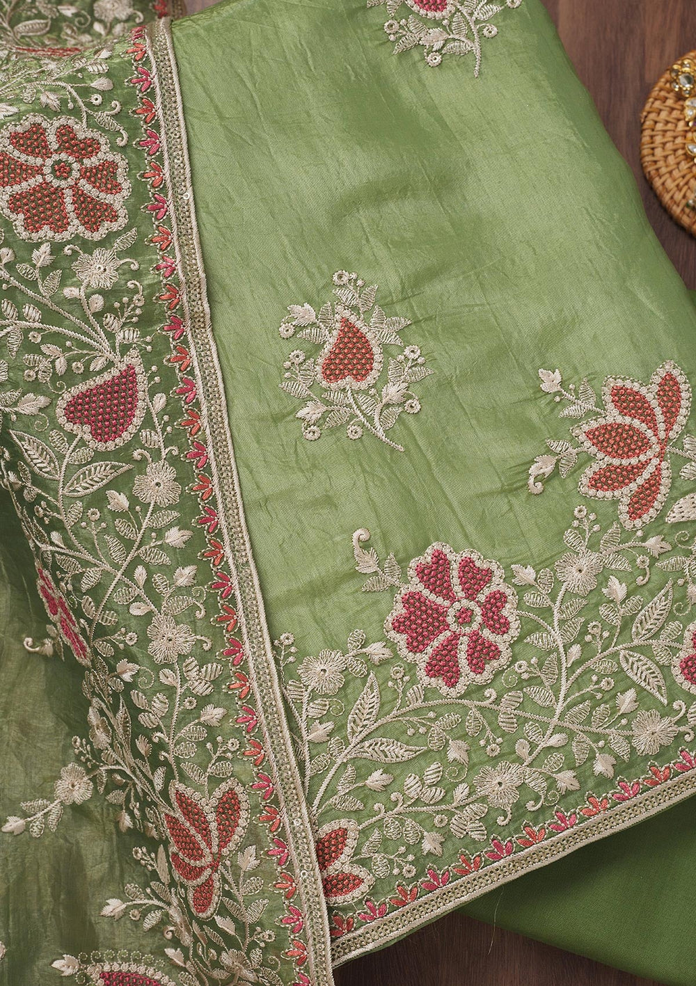 Leaf Green Zariwork Semi Crepe Unstitched Salwar Suit-Koskii