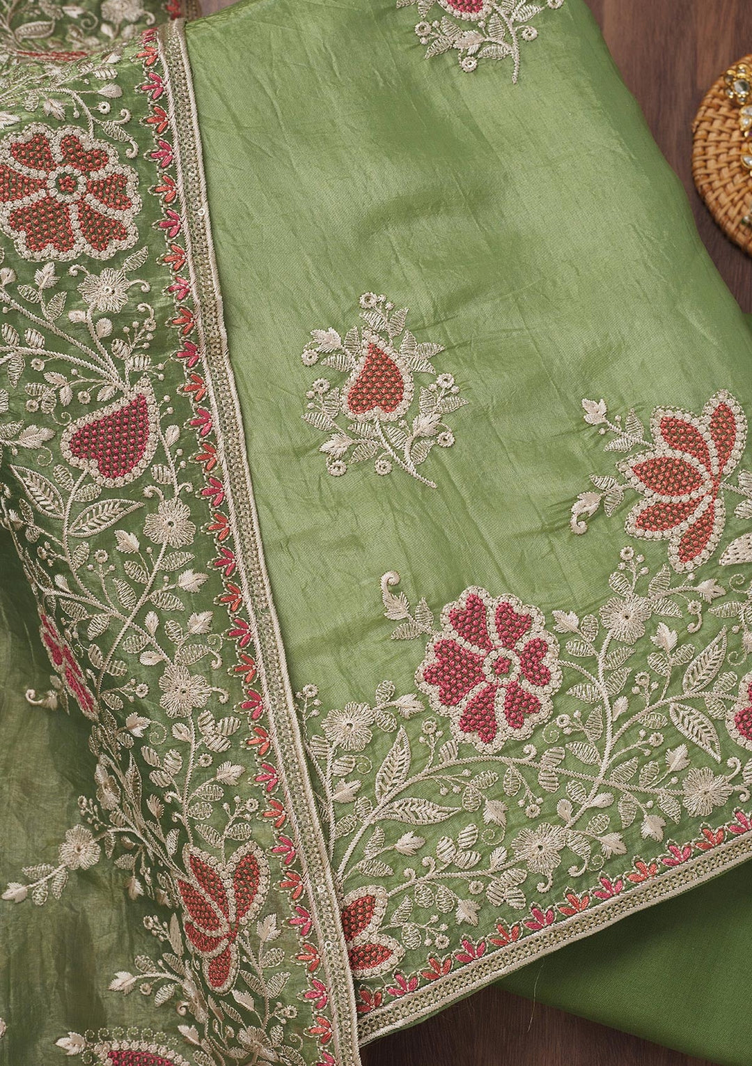 Leaf Green Zariwork Semi Crepe Unstitched Salwar Suit-Koskii