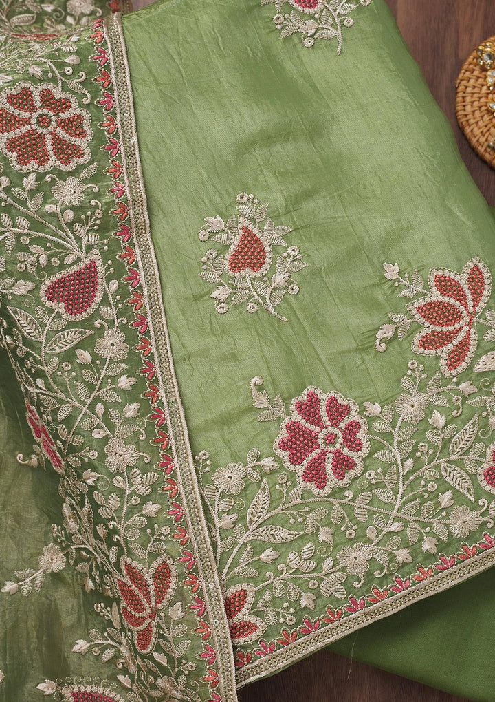 Leaf Green Zariwork Semi Crepe Unstitched Salwar Suit-Koskii