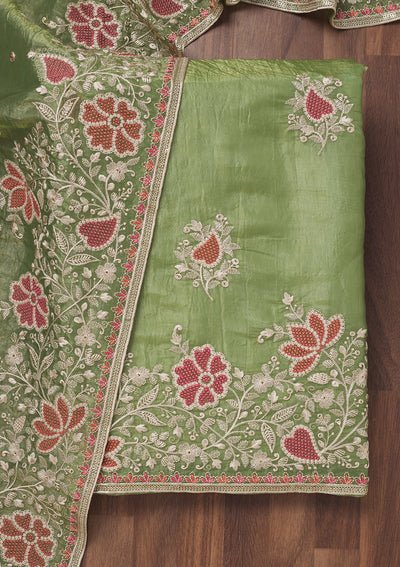 Leaf Green Zariwork Semi Crepe Unstitched Salwar Suit-Koskii