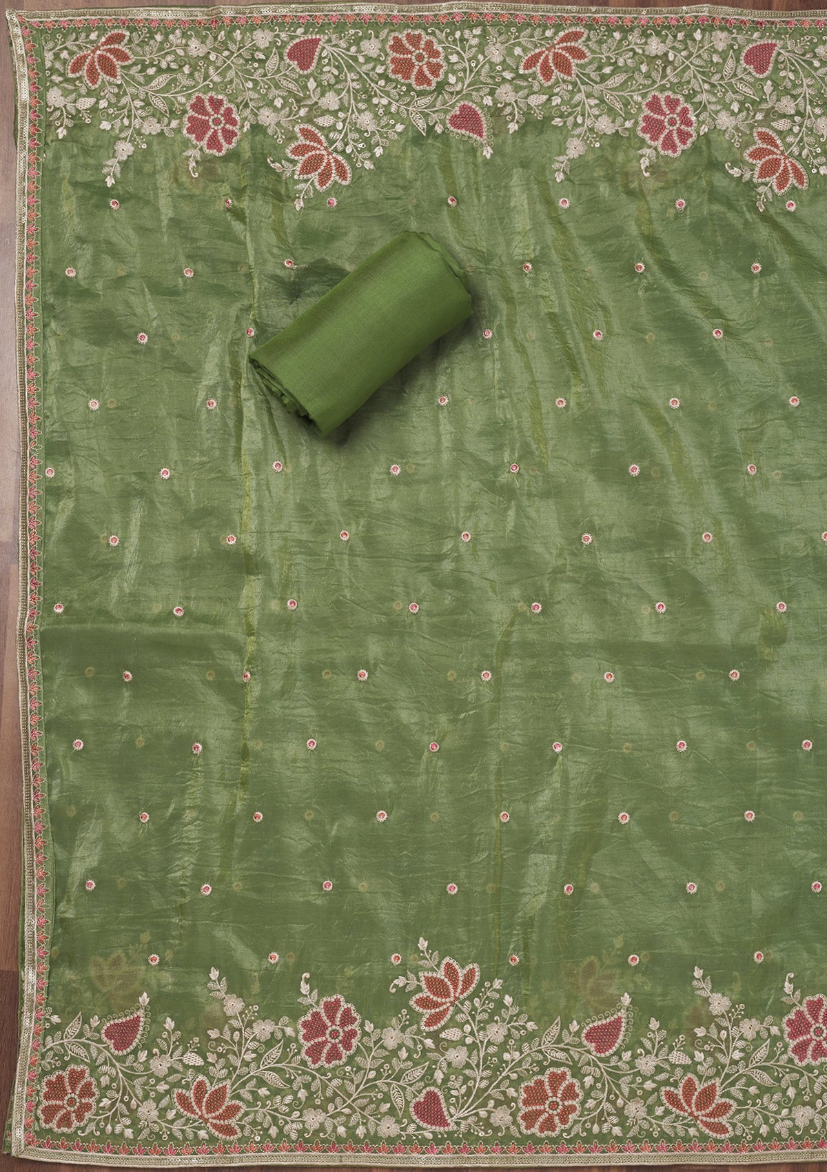 Leaf Green Zariwork Semi Crepe Unstitched Salwar Suit-Koskii