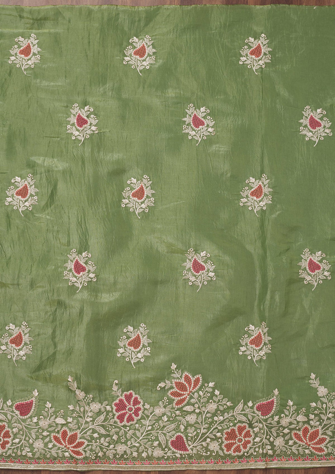 Leaf Green Zariwork Semi Crepe Unstitched Salwar Suit-Koskii