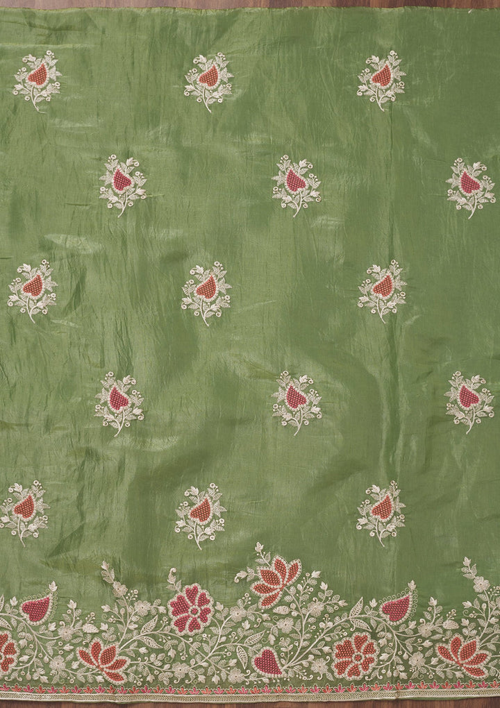 Leaf Green Zariwork Semi Crepe Unstitched Salwar Suit-Koskii