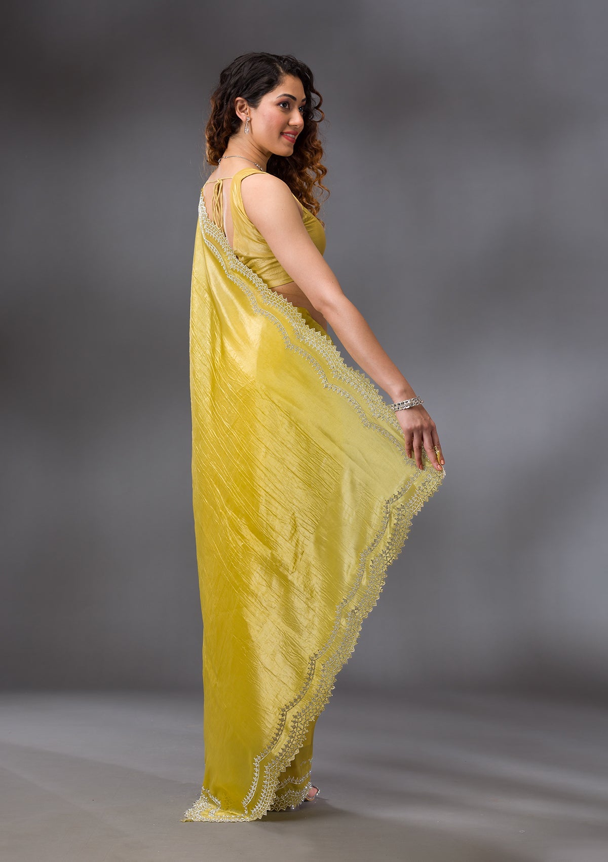 Lemon Yellow Stonework Tissue Saree-Koskii