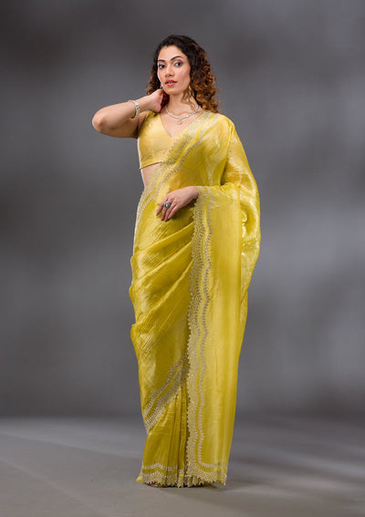 Lemon Yellow Stonework Tissue Saree-Koskii