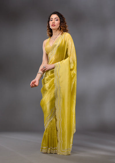 Lemon Yellow Stonework Tissue Saree-Koskii