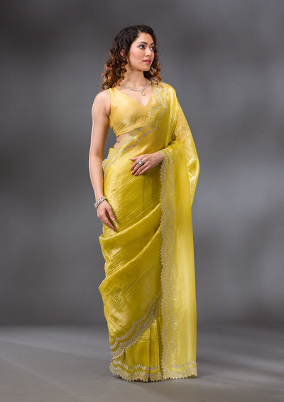 Lemon Yellow Stonework Tissue Saree-Koskii