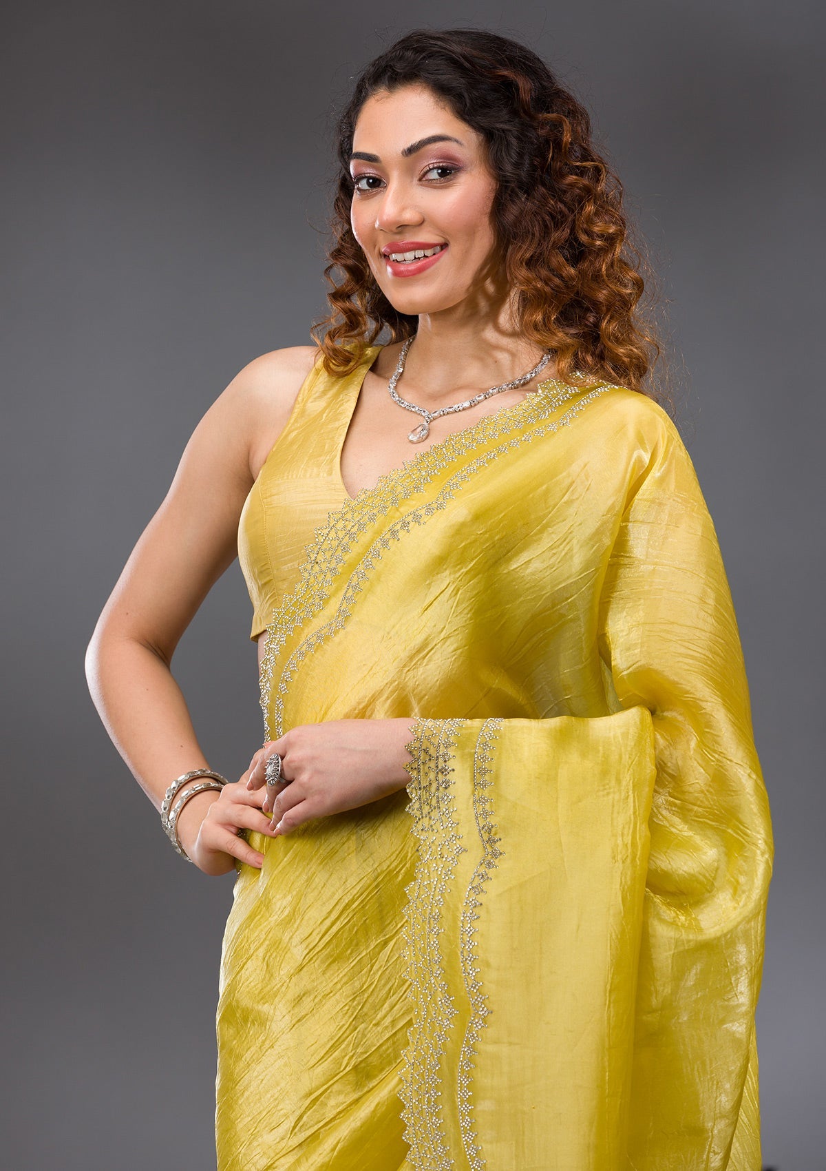 Lemon Yellow Stonework Tissue Saree-Koskii