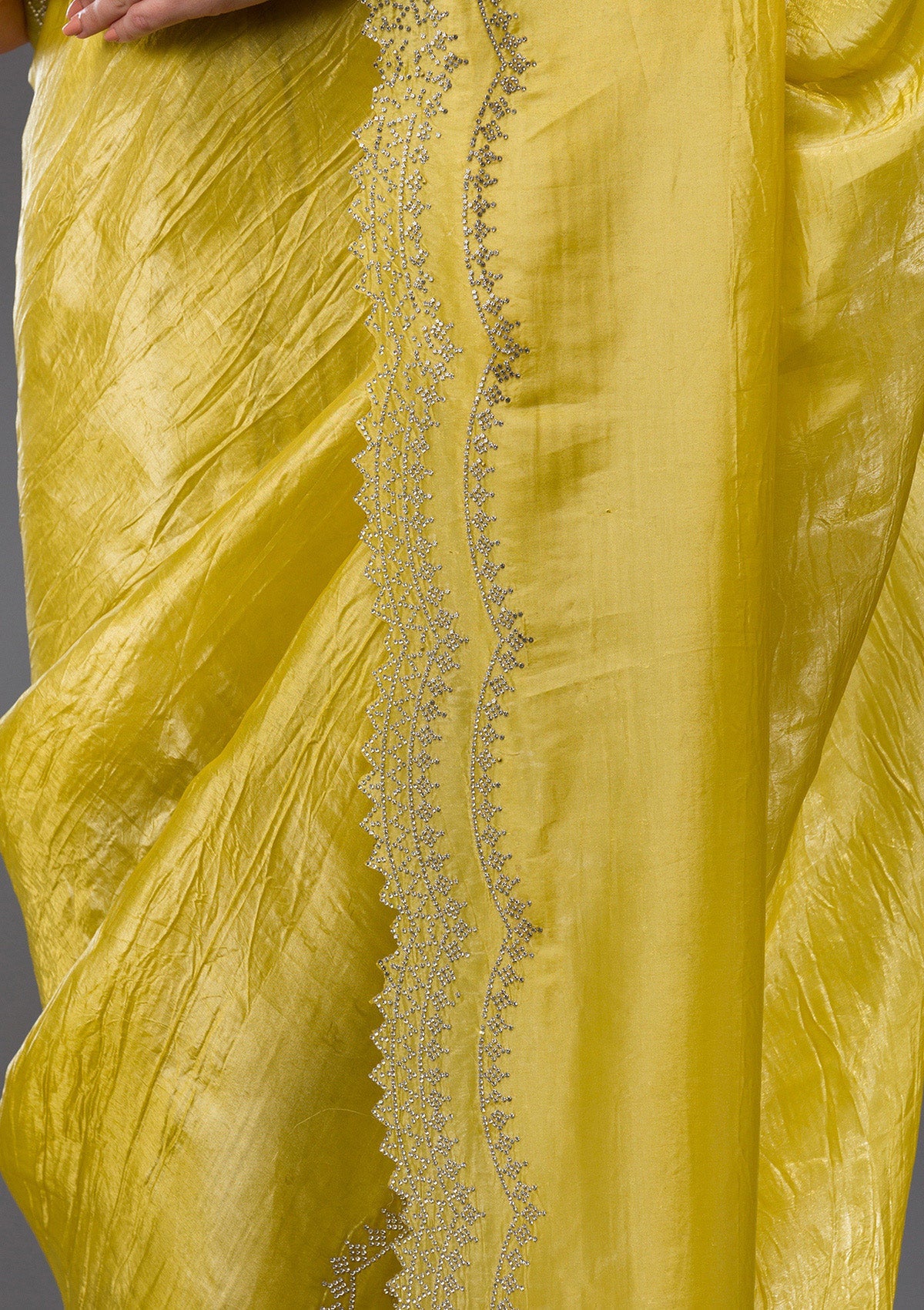 Lemon Yellow Stonework Tissue Saree-Koskii