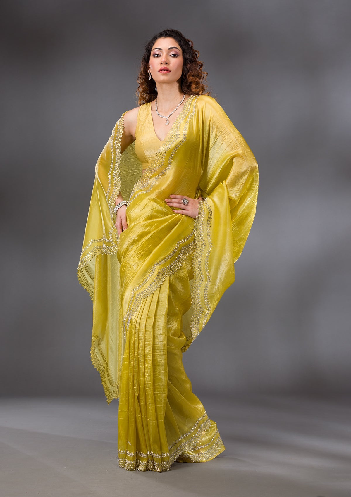 Lemon Yellow Stonework Tissue Saree-Koskii