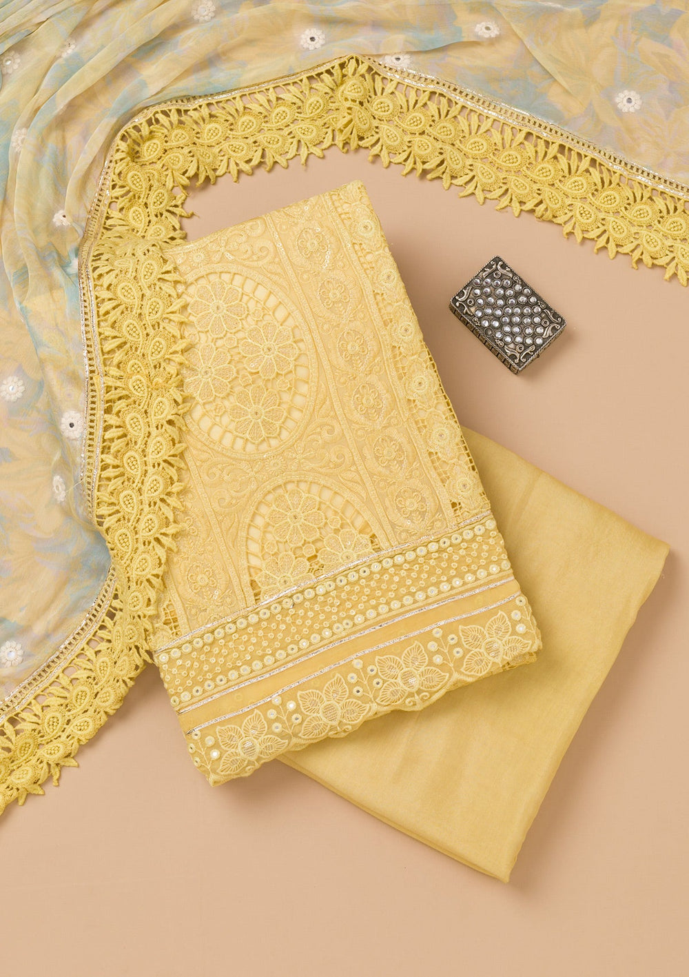 Lemon Yellow Cutwork Georgette Unstitched Salwar Kameez-Koskii