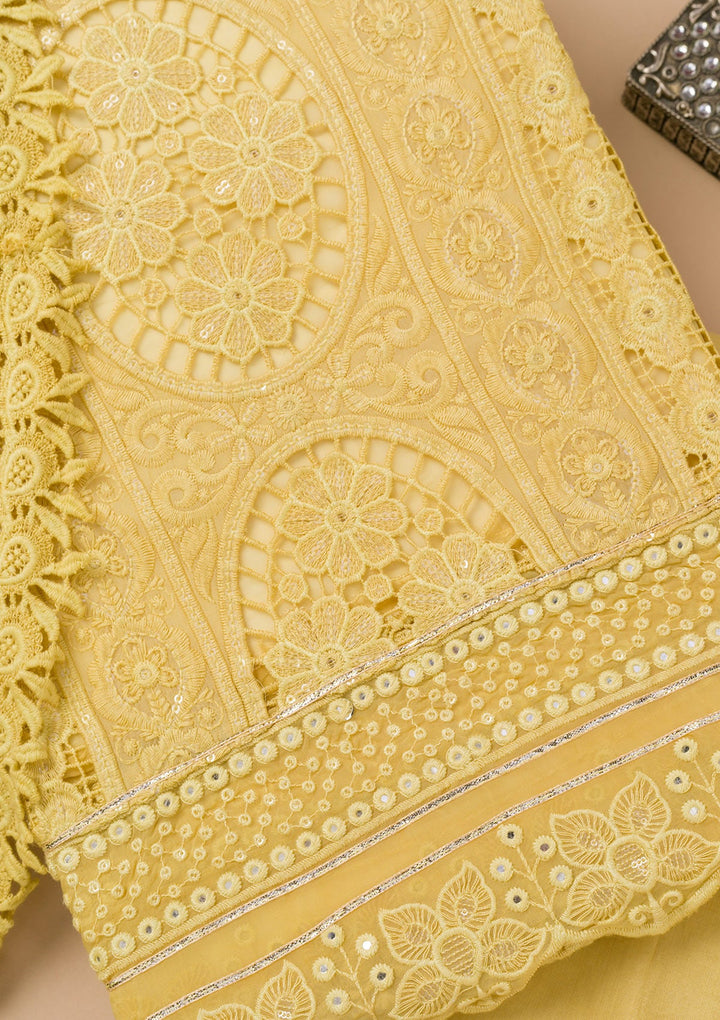 Lemon Yellow Cutwork Georgette Unstitched Salwar Kameez-Koskii