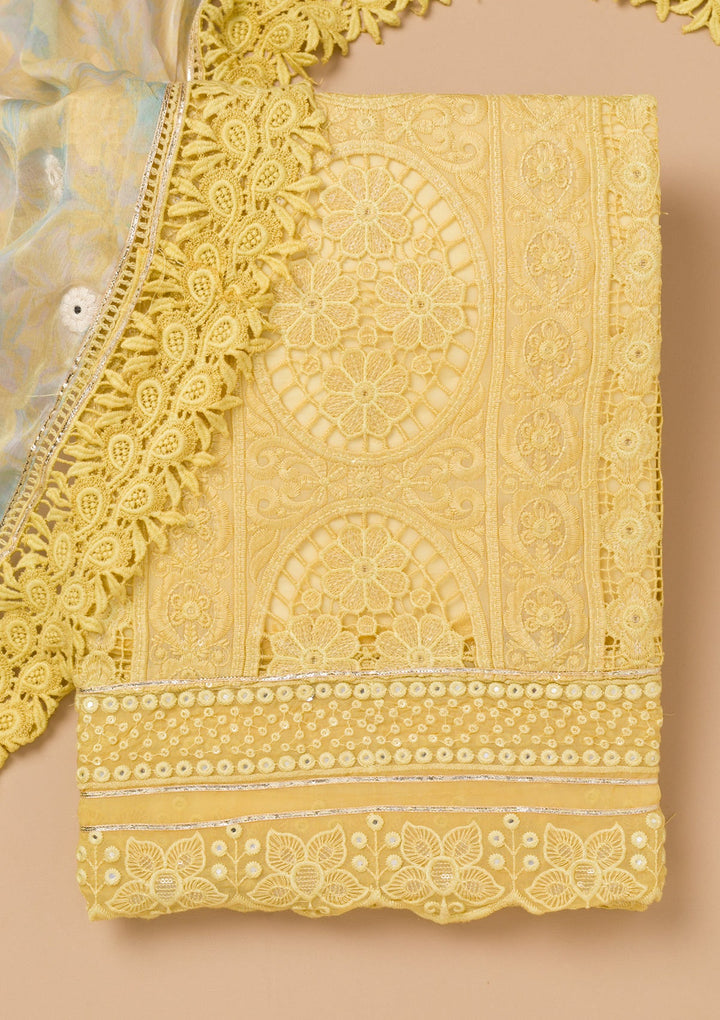 Lemon Yellow Cutwork Georgette Unstitched Salwar Kameez-Koskii
