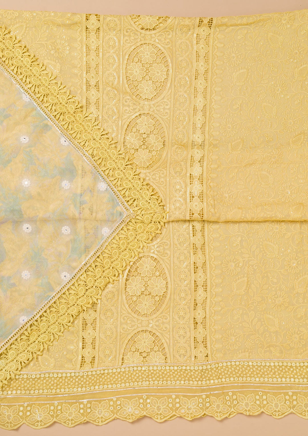 Lemon Yellow Cutwork Georgette Unstitched Salwar Kameez-Koskii